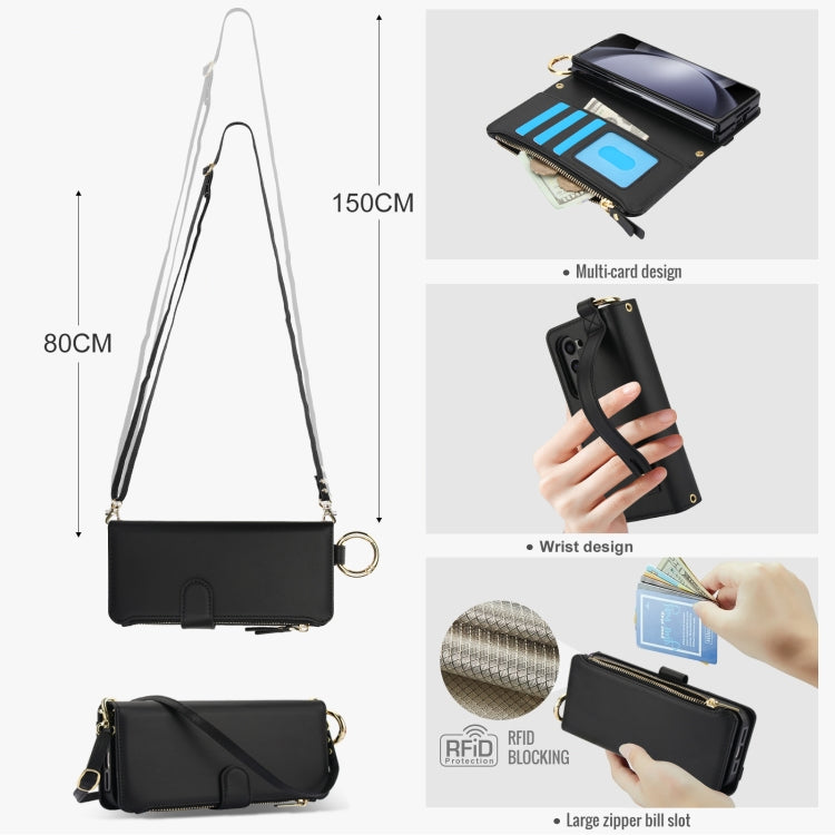 For Samsung Galaxy Z Fold6 Crossbody Ring Multifunctional Wallet Fold Leather Phone Case(Black) - Galaxy Z Fold6 5G Cases by buy2fix | Online Shopping UK | buy2fix