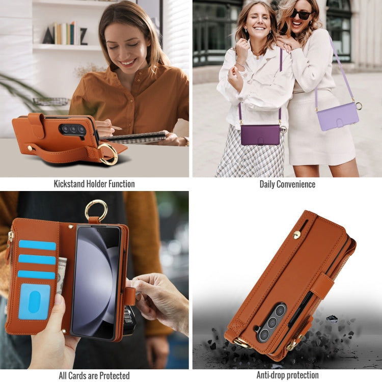 For Samsung Galaxy Z Fold6 Crossbody Ring Multifunctional Wallet Fold Leather Phone Case(Brown) - Galaxy Z Fold6 5G Cases by buy2fix | Online Shopping UK | buy2fix