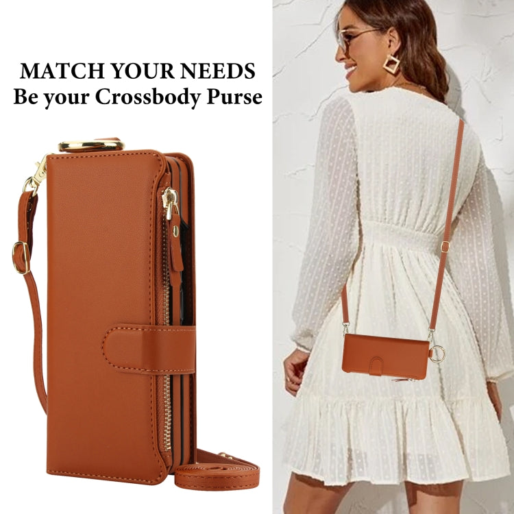 For Samsung Galaxy Z Fold6 Crossbody Ring Multifunctional Wallet Fold Leather Phone Case(Brown) - Galaxy Z Fold6 5G Cases by buy2fix | Online Shopping UK | buy2fix