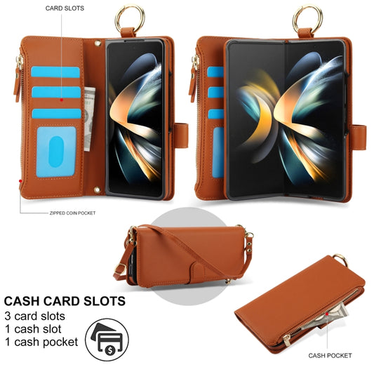 For Samsung Galaxy Z Fold3 5G Crossbody Ring Multifunctional Wallet Fold Leather Phone Case(Brown) - Galaxy Phone Cases by buy2fix | Online Shopping UK | buy2fix