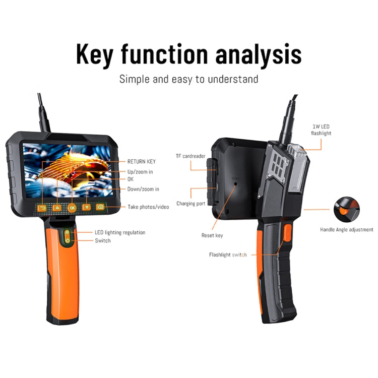 T27 5 inch IPS Color Screen 5.5mm Single Camera Handheld Hard Cable HD Industrial Endoscope, Length:5m(Orange Black) - by buy2fix | Online Shopping UK | buy2fix