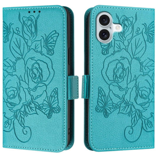 For iPhone 16 Plus Embossed Rose RFID Anti-theft Leather Phone Case(Light Blue) by buy2fix