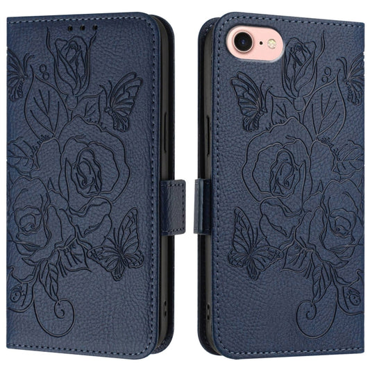For iPhone SE 2024 Embossed Rose RFID Anti-theft Leather Phone Case(Dark Blue) by buy2fix