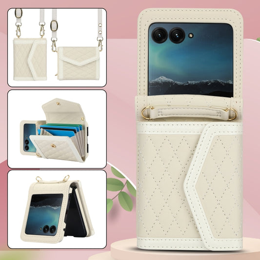 For Motorola Razr 40 Ultra Splicing Rhombic Texture Phone Case with Long & Short Lanyard(Beige) by buy2fix