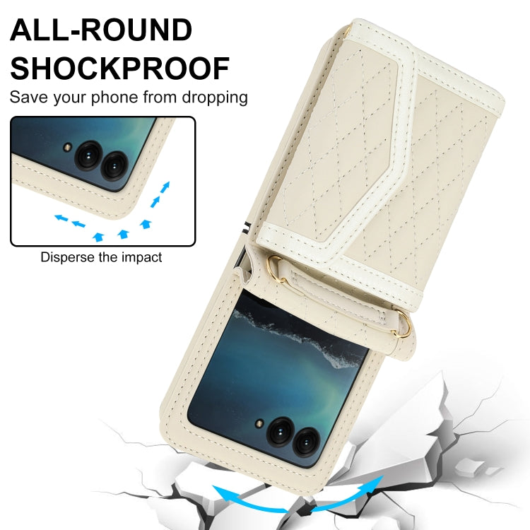 For Motorola Razr 40 Ultra Splicing Rhombic Texture Phone Case with Long & Short Lanyard(Beige) - Motorola Cases by buy2fix | Online Shopping UK | buy2fix