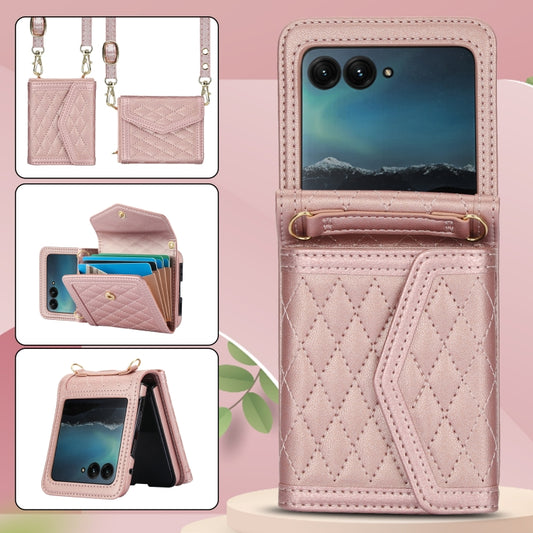 For Motorola Razr 40 Ultra Splicing Rhombic Texture Phone Case with Long & Short Lanyard(Rose Gold) by buy2fix
