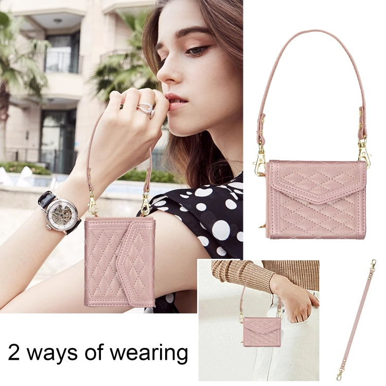 For Motorola Razr 40 Ultra Splicing Rhombic Texture Phone Case with Long & Short Lanyard(Rose Gold) by buy2fix