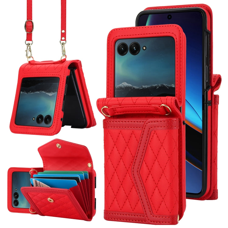 For Motorola Razr 40 Ultra Splicing Rhombic Texture Phone Case with Long & Short Lanyard(Red) - Motorola Cases by buy2fix | Online Shopping UK | buy2fix