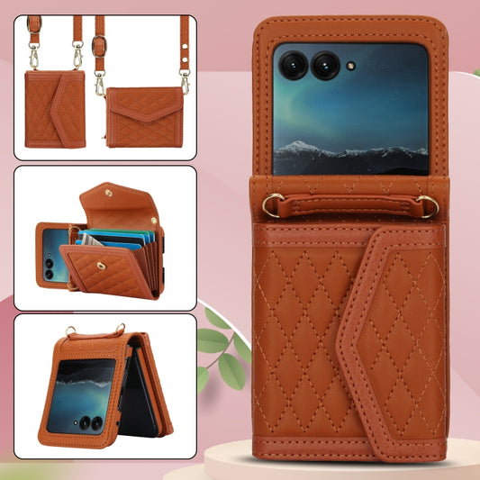 For Motorola Razr 40 Ultra Splicing Rhombic Texture Phone Case with Long & Short Lanyard(Brown) by buy2fix