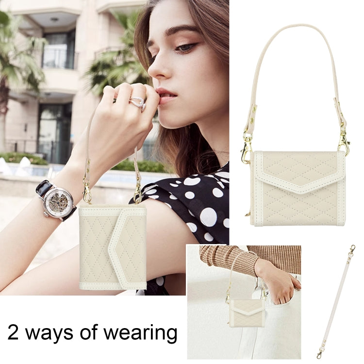 For Motorola Razr 40 Splicing Rhombic Texture Phone Case with Long & Short Lanyard(Beige) by buy2fix