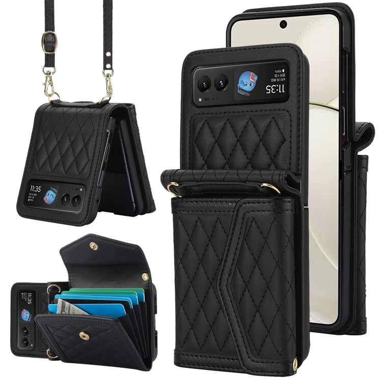 For Motorola Razr 40 Splicing Rhombic Texture Phone Case with Long & Short Lanyard(Black) - Motorola Cases by buy2fix | Online Shopping UK | buy2fix