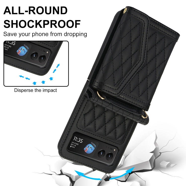 For Motorola Razr 40 Splicing Rhombic Texture Phone Case with Long & Short Lanyard(Black) - Motorola Cases by buy2fix | Online Shopping UK | buy2fix