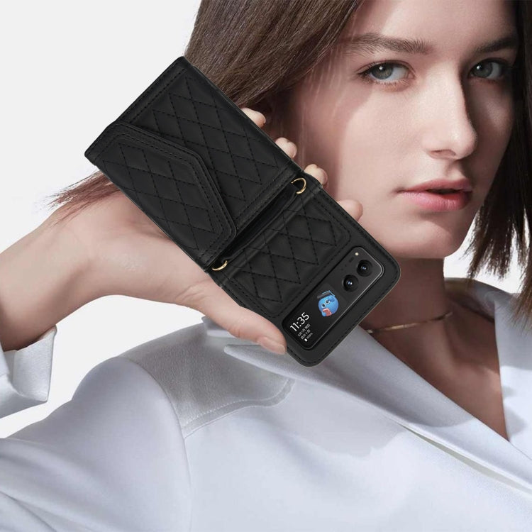 For Motorola Razr 40 Splicing Rhombic Texture Phone Case with Long & Short Lanyard(Black) - Motorola Cases by buy2fix | Online Shopping UK | buy2fix