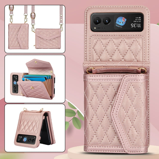 For Motorola Razr 40 Splicing Rhombic Texture Phone Case with Long & Short Lanyard(Rose Gold) by buy2fix