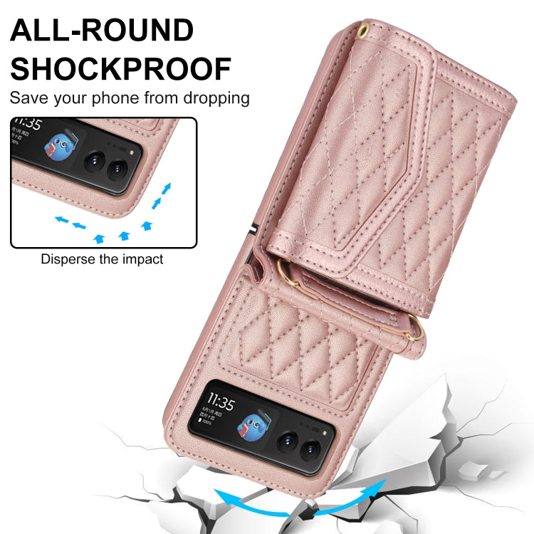 For Motorola Razr 40 Splicing Rhombic Texture Phone Case with Long & Short Lanyard(Rose Gold) - Motorola Cases by buy2fix | Online Shopping UK | buy2fix