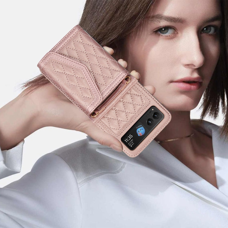 For Motorola Razr 40 Splicing Rhombic Texture Phone Case with Long & Short Lanyard(Rose Gold) - Motorola Cases by buy2fix | Online Shopping UK | buy2fix