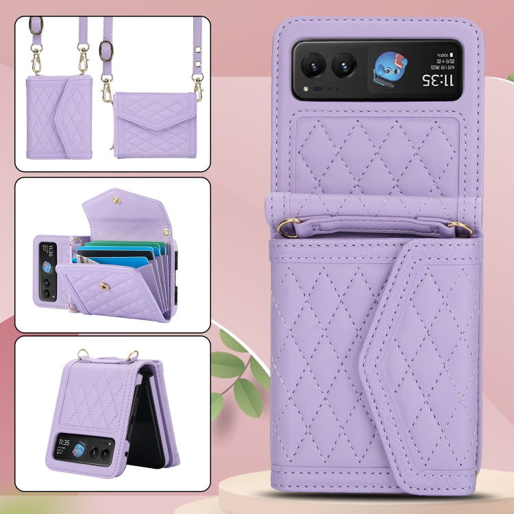 For Motorola Razr 40 Splicing Rhombic Texture Phone Case with Long & Short Lanyard(Purple) - Motorola Cases by buy2fix | Online Shopping UK | buy2fix