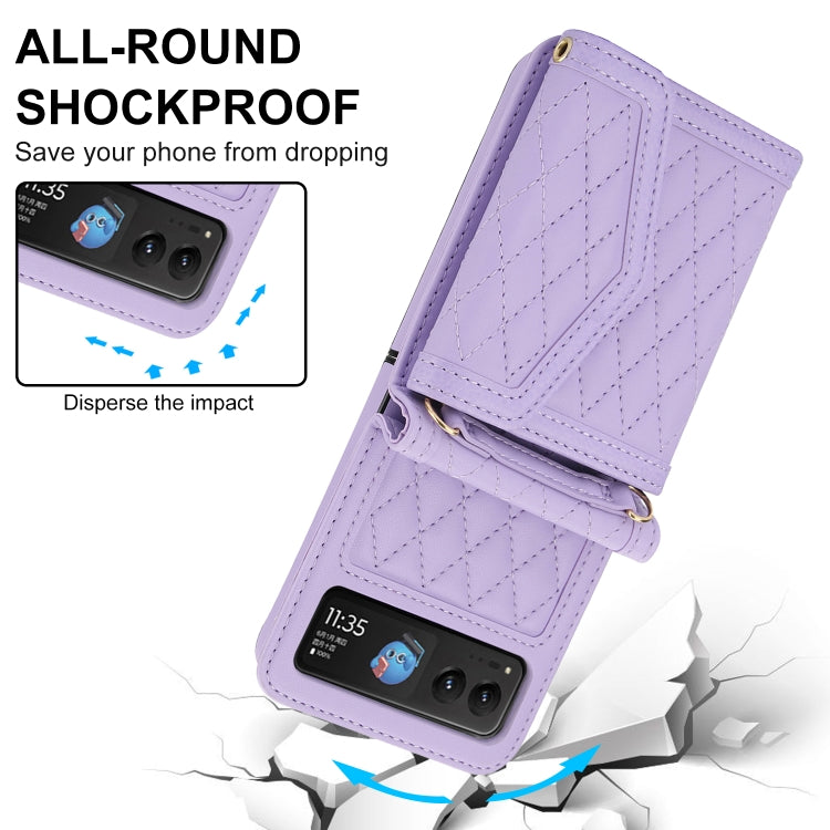 For Motorola Razr 40 Splicing Rhombic Texture Phone Case with Long & Short Lanyard(Purple) - Motorola Cases by buy2fix | Online Shopping UK | buy2fix