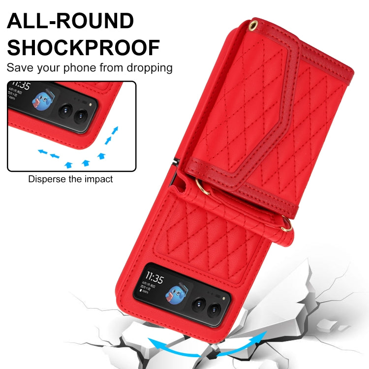 For Motorola Razr 40 Splicing Rhombic Texture Phone Case with Long & Short Lanyard(Red) - Motorola Cases by buy2fix | Online Shopping UK | buy2fix