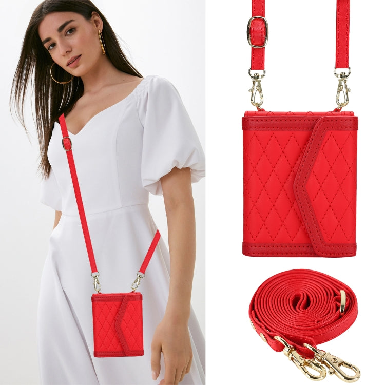 For Motorola Razr 40 Splicing Rhombic Texture Phone Case with Long & Short Lanyard(Red) - Motorola Cases by buy2fix | Online Shopping UK | buy2fix