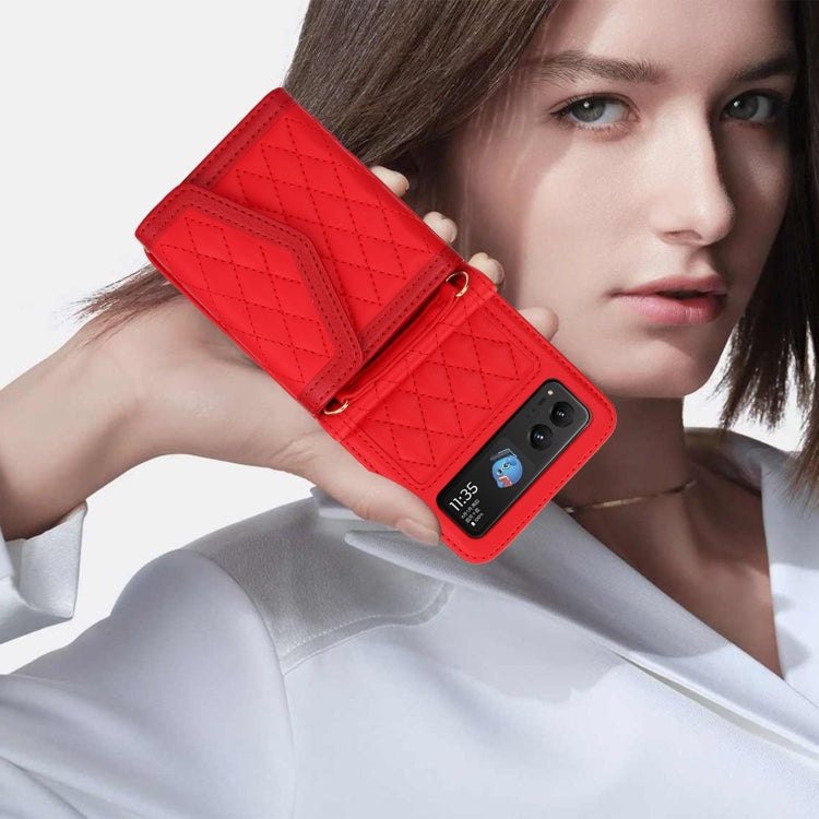 For Motorola Razr 40 Splicing Rhombic Texture Phone Case with Long & Short Lanyard(Red) - Motorola Cases by buy2fix | Online Shopping UK | buy2fix