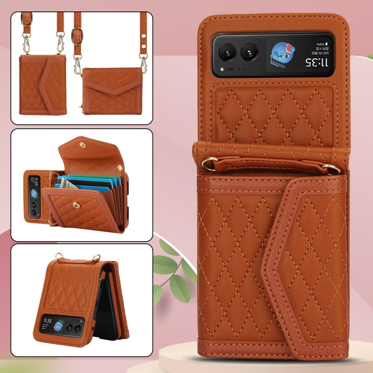 For Motorola Razr 40 Splicing Rhombic Texture Phone Case with Long & Short Lanyard(Brown) - Motorola Cases by buy2fix | Online Shopping UK | buy2fix