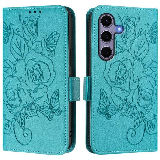 For Samsung Galaxy S25 5G Embossed Rose RFID Anti-theft Leather Phone Case(Light Blue) by buy2fix