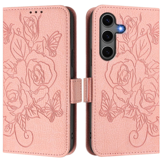 For Samsung Galaxy S25+ 5G Embossed Rose RFID Anti-theft Leather Phone Case(Pink) by buy2fix