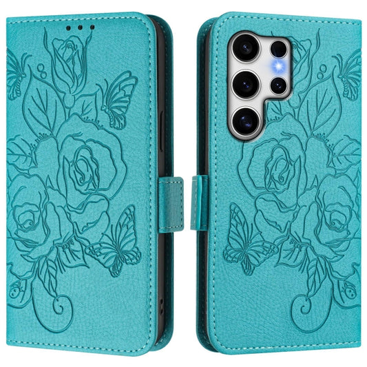 For Samsung Galaxy S25 Ultra 5G Embossed Rose RFID Anti-theft Leather Phone Case(Light Blue) by buy2fix