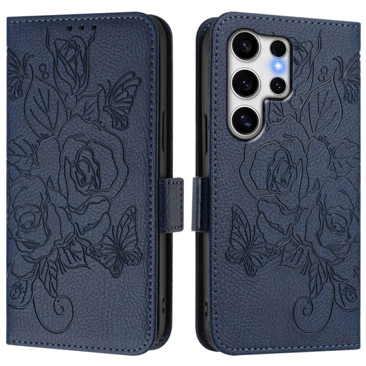For Samsung Galaxy S25 Ultra 5G Embossed Rose RFID Anti-theft Leather Phone Case(Dark Blue) by buy2fix