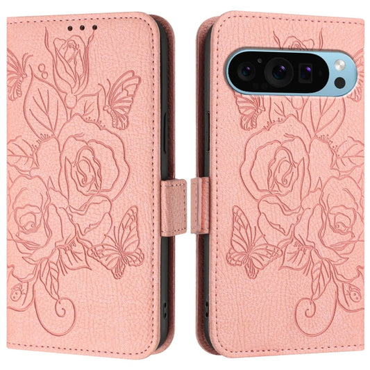 For Google Pixel 9 / 9 Pro Embossed Rose RFID Anti-theft Leather Phone Case(Pink) by buy2fix