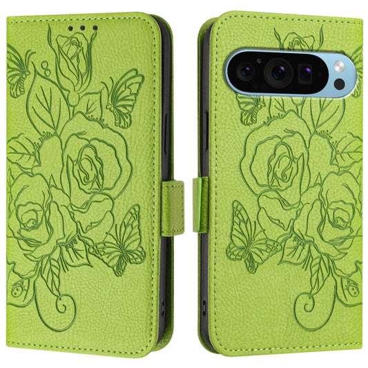 For Google Pixel 9 Pro XL Embossed Rose RFID Anti-theft Leather Phone Case(Green) by buy2fix