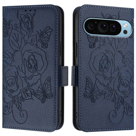 For Google Pixel 9 Pro XL Embossed Rose RFID Anti-theft Leather Phone Case(Dark Blue) by buy2fix
