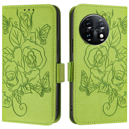 For OnePlus 11 Embossed Rose RFID Anti-theft Leather Phone Case(Green) by buy2fix