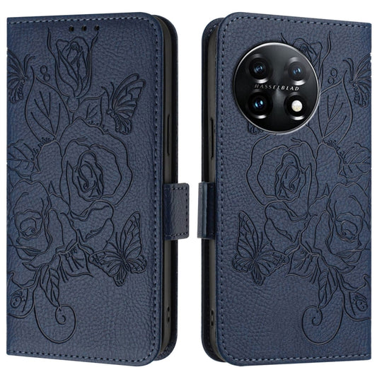 For OnePlus 11 Embossed Rose RFID Anti-theft Leather Phone Case(Dark Blue) by buy2fix