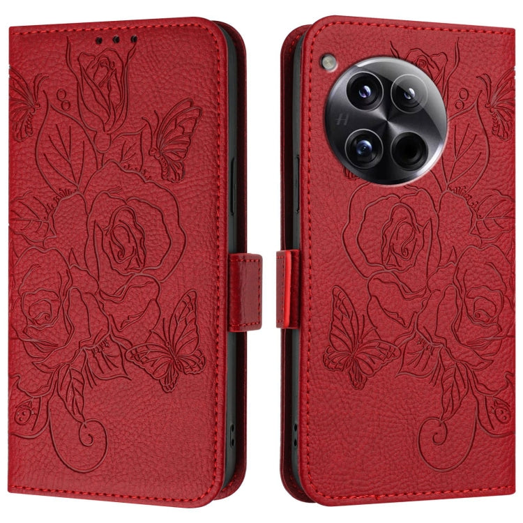 For OnePlus 12 5G Embossed Rose RFID Anti-theft Leather Phone Case(Red) - OnePlus Cases by buy2fix | Online Shopping UK | buy2fix