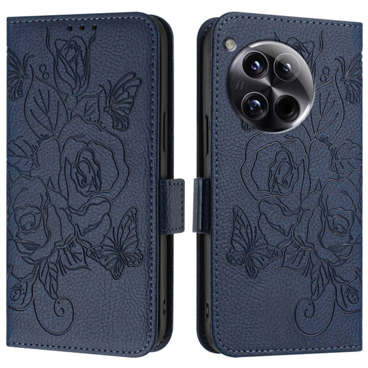 For OnePlus 12 5G Embossed Rose RFID Anti-theft Leather Phone Case(Dark Blue) by buy2fix