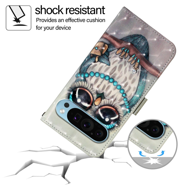 For Google Pixel 9 / 9 Pro 3D Painting Horizontal Flip Leather Phone Case(Grey Owl) by buy2fix