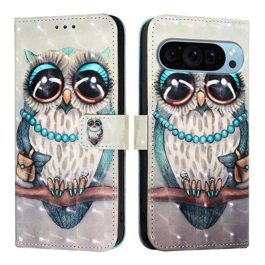 For Google Pixel 9 Pro XL 3D Painting Horizontal Flip Leather Phone Case(Grey Owl) by buy2fix