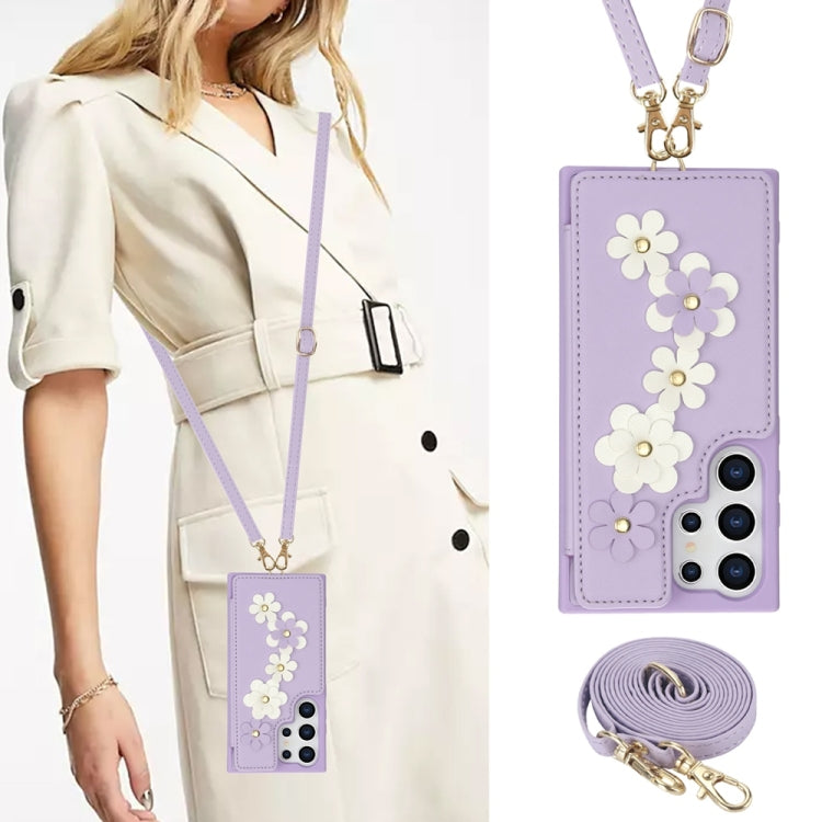 For Samsung Galaxy S25 Ultra 5G Crossbody Flower Pattern Leather Phone Case(Purple) by buy2fix