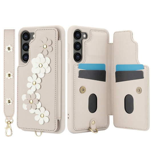 For Samsung Galaxy S25+ 5G Crossbody Flower Pattern Leather Phone Case(White) by buy2fix