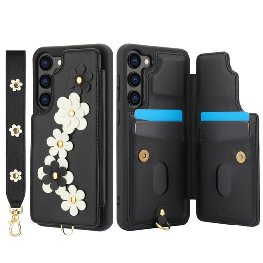 For Samsung Galaxy S25+ 5G Crossbody Flower Pattern Leather Phone Case(Black) by buy2fix