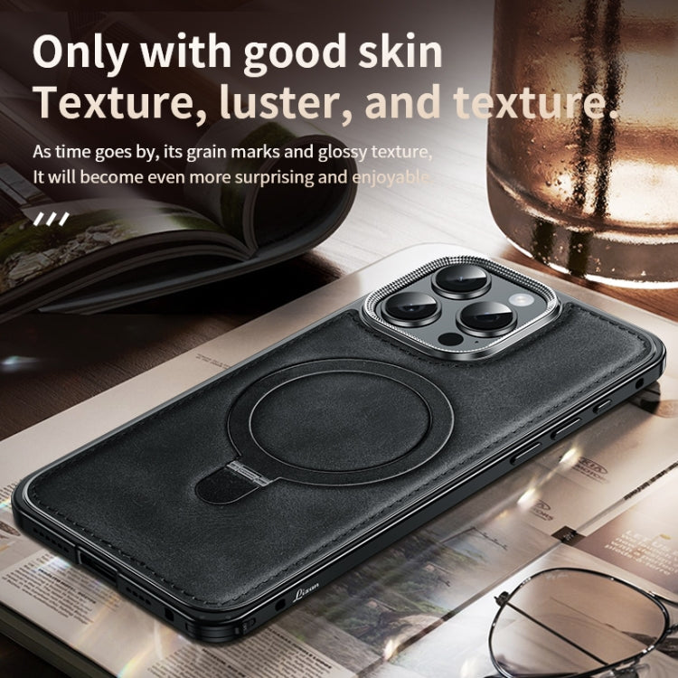 For iPhone 15 Pro Metal Frame Oil Wax Leather MagSafe Phone Case with Spring Buckle Stand(Grey) - iPhone 15 Pro Cases by buy2fix | Online Shopping UK | buy2fix