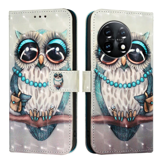For OnePlus 11 3D Painting Horizontal Flip Leather Phone Case(Grey Owl) by buy2fix