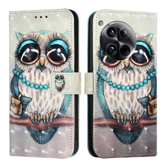 For OnePlus 12 Global 3D Painting Horizontal Flip Leather Phone Case(Grey Owl) by buy2fix