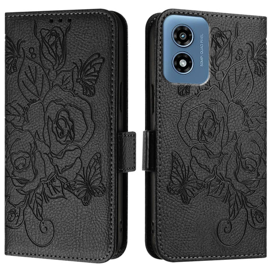 For Motorola Moto G Play 4G 2024 Embossed Rose RFID Anti-theft Leather Phone Case(Black) by buy2fix