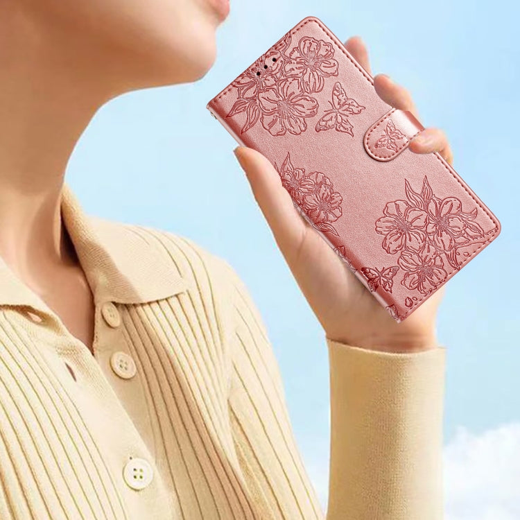For Samsung Galaxy S25 5G Cherry Blossom Butterfly Skin Feel Embossed PU Phone Case(Rose Gold) by buy2fix