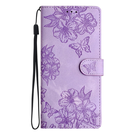 For Samsung Galaxy S25+ 5G Cherry Blossom Butterfly Skin Feel Embossed PU Phone Case(Purple) by buy2fix