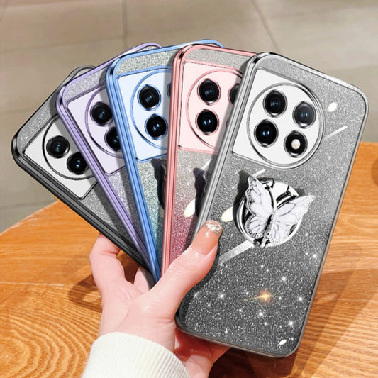 For OnePlus 11 Plated Gradient Glitter Butterfly Holder TPU Phone Case(Black) by buy2fix