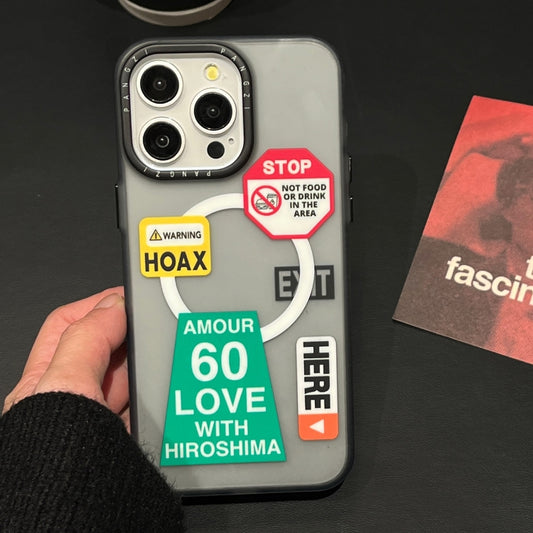 For iPhone 13 Double-Layer Frosted IMD MagSafe Phone Case(Yellow Label Warning) by buy2fix